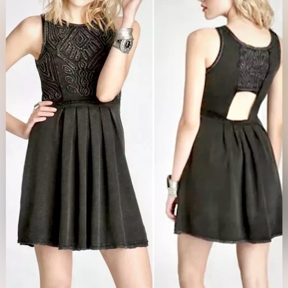 Women’s Free People Sassy Soutache Skater Grey Embellished Dress Size Medium - Picture 1 of 11